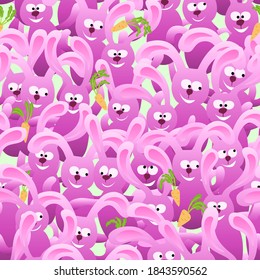 A lot of cute smiling rabbits. Seamless pattern with dancing animals. Vector.