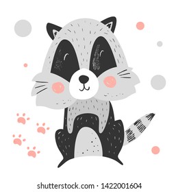 Cute smiling raccoon. Happy funny forest animal. Vector background with flowers, stars and footprint. Hand drawn illustration. Pencil texture. Character for kids. Scandinavian flat cartoon style.
