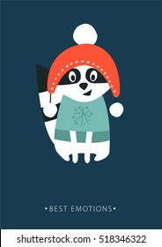 Cute smiling raccoon in a red hat. Vector flat isolated illustration. Winter holidays card.