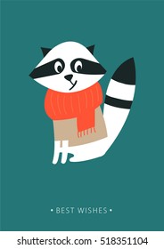 Cute smiling raccoon in a red scarf. Vector flat isolated illustration. Winter holidays card.