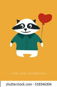 Cute smiling raccoon in a shirt with a balloon heart. Vector flat isolated illustration. Winter holidays card.
