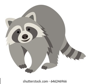 Cute smiling raccoon vector cartoon illustration. Wild zoo animal icon. Fluffy adorable pet looking straight. Isolated on white. Forest fauna childish character. Simple flat design element for kids