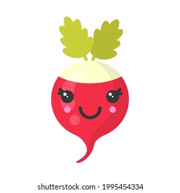 Cute smiling radishe. Kawaii vegetable character. Isolated colorful vector icon