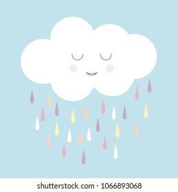 Cute smiling rain cloud with rain drops in shades of blue. Nursery art for boys. Card design for baby shower.