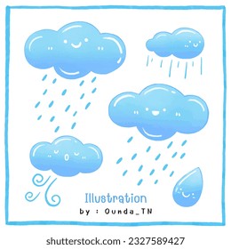Unas nubes lluviosas muy sonrientes. El clima lluvioso. Nubes aisladas en un fondo blanco. Ilustración de caricaturas dibujada a mano.