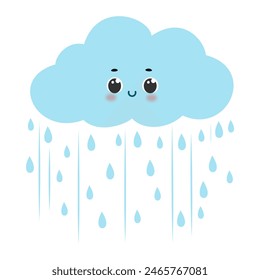 Cute smiling rainy cloud cartoon character vector illustration isolated on white background