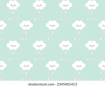 Cute smiling rainy cloud seamless pattern design. Vector illustration.