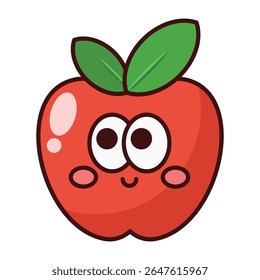 Cute smiling red apple cartoon character with green leaves isolated on white background.