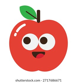 Icono sonriente lindo del carácter de la manzana roja con los ojos grandes y la hoja, aislado en fondo transparente.
