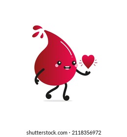El personaje de la sangre roja sonriente con el corazón rojo en la mano. Concepto de donación de sangre.