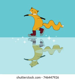Cute smiling red cartoon fox skiing on sparkling ice