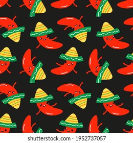 Cute and smiling red chili pepper in sombrero character vector seamless pattern background for Cinco de Mayo design.
