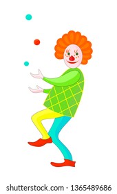Cute smiling red clown is juggling. Color cartoon vector  image.