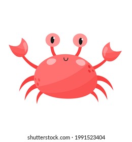 Cute smiling red crab isolated on white background. Cartoon style vector illustration. Sea animal, underwater wildlife. Adorable character for kids, nursery, print

