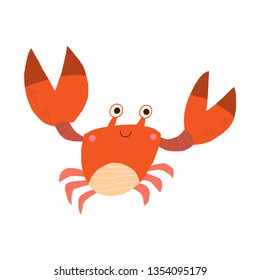 Cute Smiling Red Crab. Nice Crab Image For Kids. Sea Animals Collection. Cartoon Vector Hand Drawn Eps 10 Childrens Book Illustration Isolated On White Background In A Flat Style