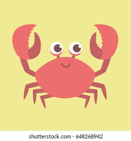 Cute smiling Red Crab vector illustration cartoon character design lifting up claws, isolated on yellow background.