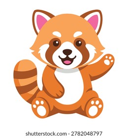 A cute smiling red panda cartoon character sitting on its haunches with one paw raised