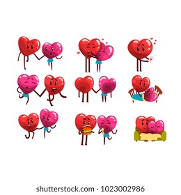 Cute smiling red and pink hearts characters set, funny couples in love with different situations and emotions. Happy Valentines Day concept cartoon vector Illustrations