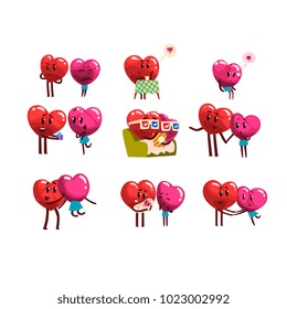 Cute smiling red and pink hearts characters set, funny couples in love with different emotions. Happy Valentines Day concept cartoon vector Illustrations