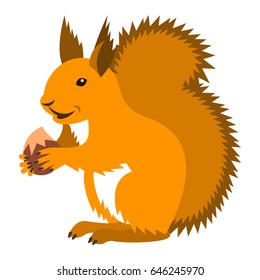 Cute smiling red squirrel holding nut. Vector cartoon illustration. Wild zoo animal icon. Fluffy ginger adult rodent standing with hazelnut. Isolated on white. Forest fauna childish character