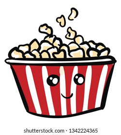 Ilustración del vector del cubo de palomitas rojas y blancas sonrientes en fondo blanco 