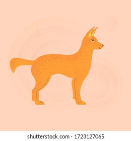 Ein süßer, lächelnder, rothaariger Dingo-Hund. Vektorgrafik auf buntem Hintergrund.
