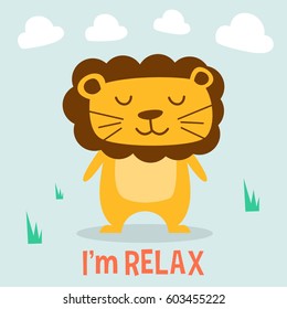 Cute Smiling Relax Lion, King of the jungle. Tee print, shirt, embroidery, mug, bag, lunchbox, wallpaper, wrapper, poster, banner flat design for kids. vector illustration