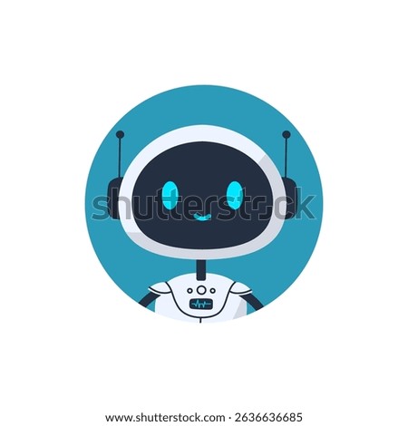 Cute smiling robot avatar icon in a blue circle. Flat vector illustration of a futuristic chatbot character with antennas. Perfect for AI assistant or tech profile