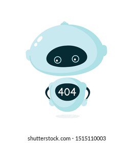 Cute smiling robot, bot with 404 error. Vector modern flat cartoon character illustration.Isolated on white background.Page not found, 404 concept