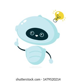 Cute smiling robot, bot with light bulb. Vector modern flat cartoon character illustration.Isolated on white background.Friendly robot,chat bot have idea concept
