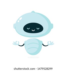 Cute smiling robot, bot meditate in yoga pose. Vector modern flat cartoon character illustration.Isolated on white background.Friendly robot,chat bot concept