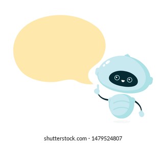 Cute smiling robot, bot with speech bubble. Vector modern flat cartoon character illustration.Isolated on white background.Friendly robot,chat bot concept
