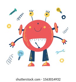 Cute smiling robot in cartoon style. Isolated hand drawn vector robot and tools in a white background. Kids illustration.