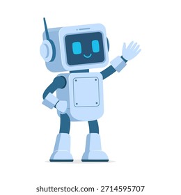 Carácter sonriente lindo del robot que agita el gesto amistoso con la expresión feliz y el diseño moderno de la tecnología