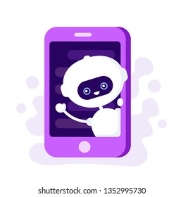 Cute smiling robot, chat bot in smartphone. Vector modern flat style cartoon character illustration. Isolated on white background. Voice support, virtual online help support concept