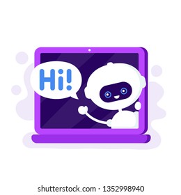 Cute smiling robot, chat bot in laptop computer say hi. Vector modern flat style cartoon character illustration. Isolated on white background. Voice support, virtual online help support concept
