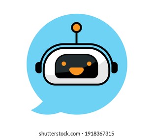 Robot sonriente, robot de chat. Ilustración de caricaturas de estilo plano de línea moderna. Aislado sobre fondo blanco. Hable burbuja. Soporte de voz, concepto de ayuda virtual en línea