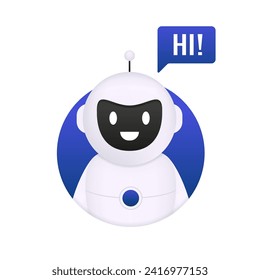 Cute smiling robot, chat bot say hi. Welcome to the chatbot. Online consultation. Voice support service bot. A robot assistant for website or mobile application customer support. Vector illustration