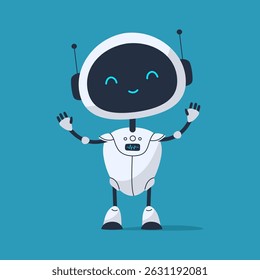 Cute smiling robot with cheerful expression and open arms. Friendly and positive futuristic character for apps, games, or tech designs