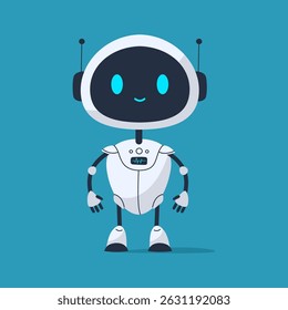 Cute smiling robot with cheerful expression and open arms. Friendly and positive futuristic character for apps, games, or tech designs