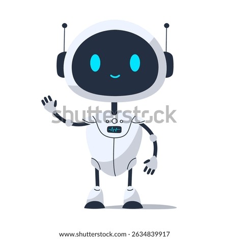 Cute smiling robot with cheerful expression. Friendly and positive futuristic character for apps, games, or tech designs