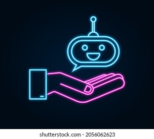 Cute smiling robot in hands neon icon. Vector modern flat cartoon character illustration. Voice support service bot.