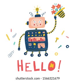 Cute smiling robot with hat. Cartoon flat style. Isolated hand drawn vector robot and tools in a white background. Kids illustration. Baby print. T shirt print for boys. Robot says hello.