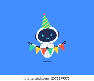 Cute smiling robot holding colorful bunting. Vector illustration for technology, AI or celebration designs