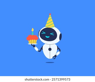 Cute smiling robot holding cupcake with candle. Vector illustration for technology, AI or celebration designs