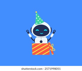 Cute smiling robot jumps out of gift box. Vector illustration for technology, AI or celebration designs