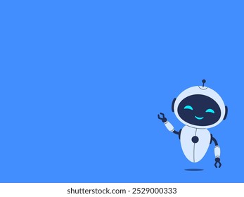 Lindo robot sonriente sobre fondo azul con espacio de copia para texto. Ilustración vectorial para diseños temáticos tecnológicos, conceptos de chatbot y proyectos digitales