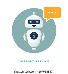 A cute smiling robot talking to a chat bot. Vector linear illustration icon. Robot assistant. Vector illustration. EPS 10.