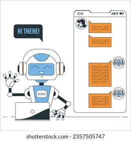 A cute smiling robot talking to a chat bot. Vector linear illustration icon. Robot assistant. artificial intelligence, AI chat bot concept. AI Bot say hello in hand and chat in mobile screen. 2414