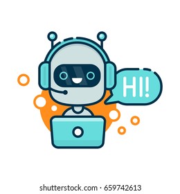 Cute smiling robot,ai chat bot hi.Vector cartoon character illustration icon.Isolated on white background.Speak bubble.Voice support service chat bot,online help customer assistant support logo icon